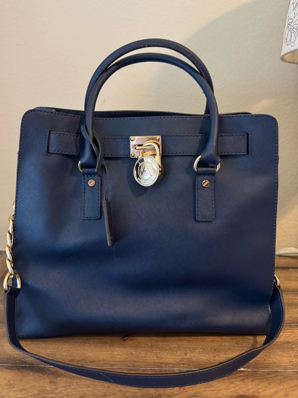 Michael Kors Navy Saffiano Satchel with Gold Hardware
